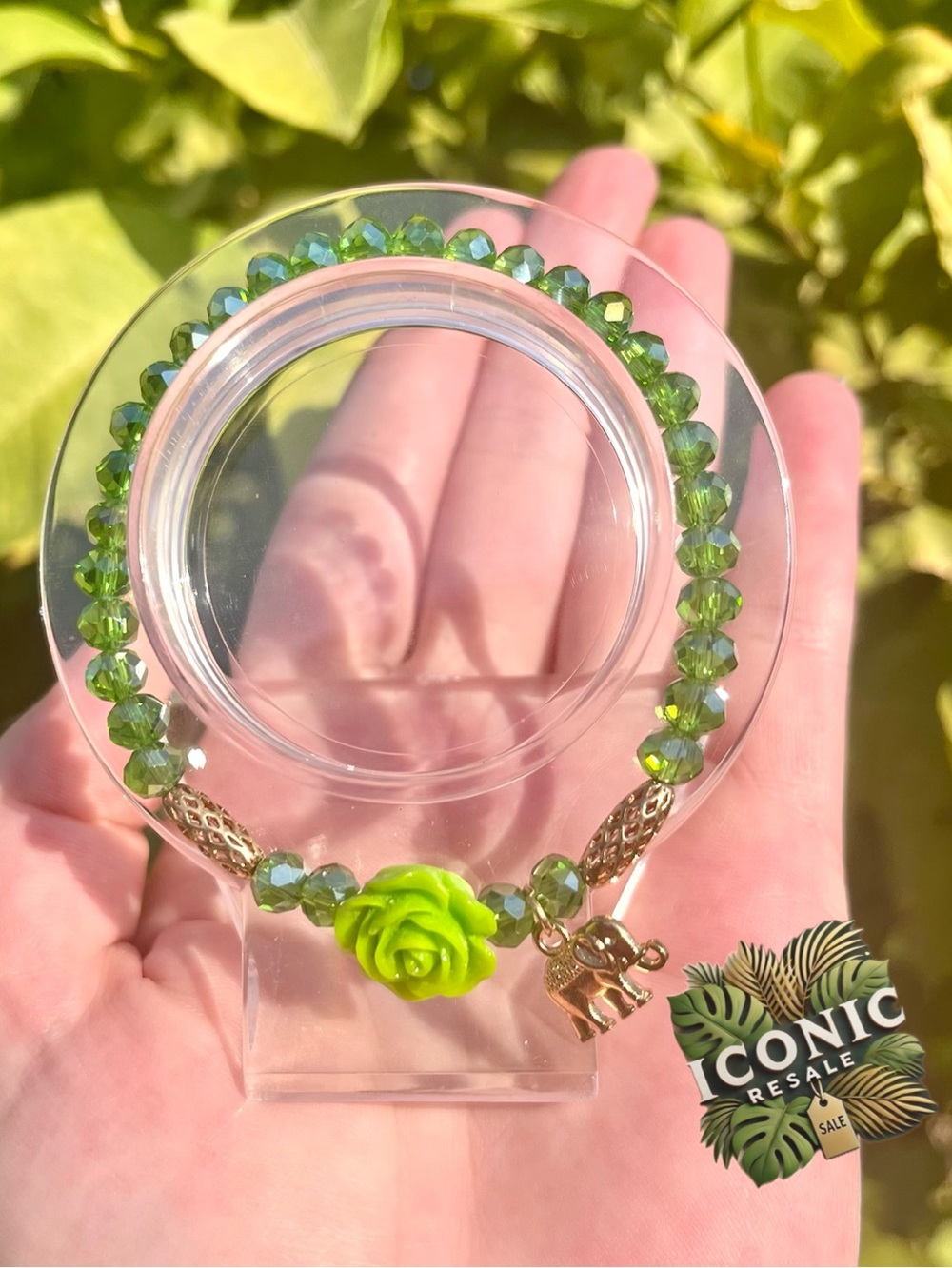 Green Glass Beaded Bracelet With Rose & Elephant Charm NWOT